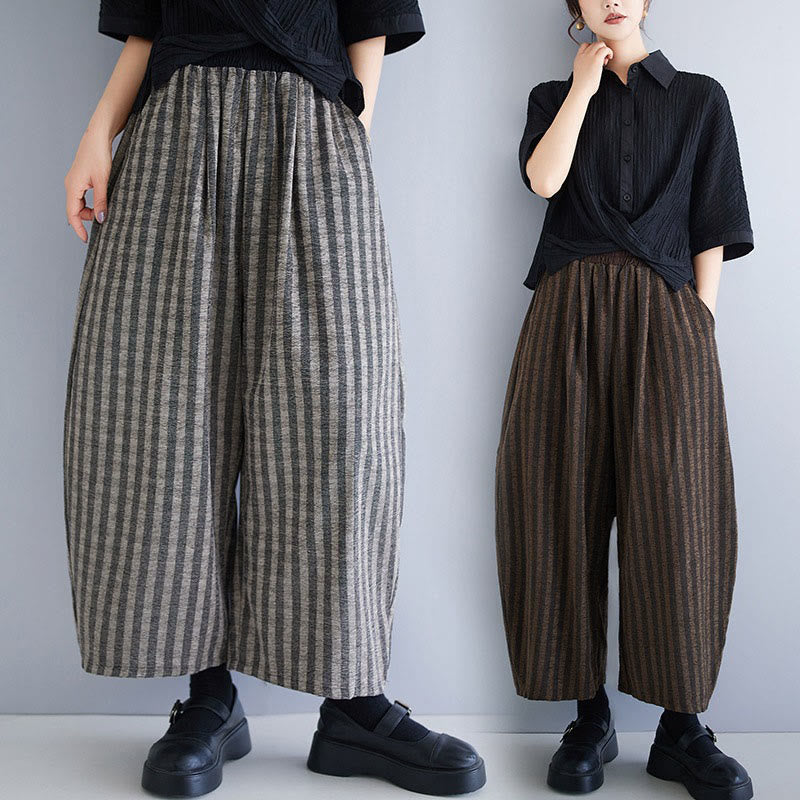 Pantalones casuales Buddha Stones de pana a rayas, de poliéster, de pierna ancha y bolsillos, para mujer, de 7 a 8 pulgadas de largo. - image 0
