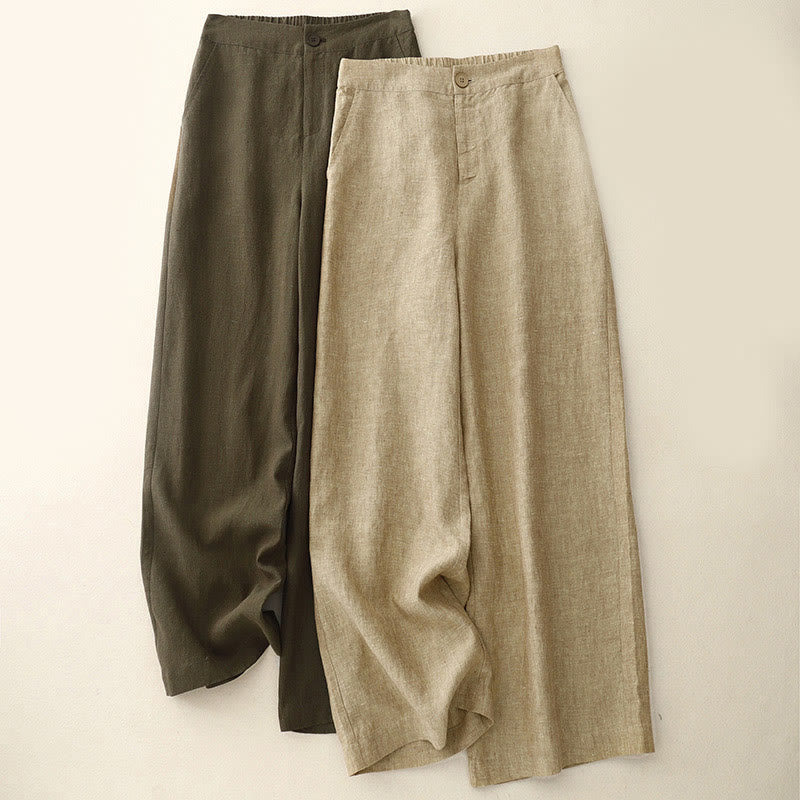 Pantalones casuales de algodón y lino con cintura elástica y pernera ancha para mujer con bolsillos de Buddha Stones - image 0