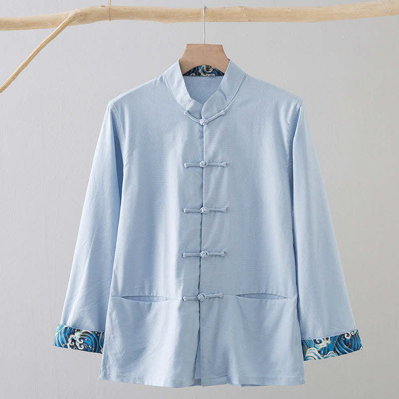 Camisa de lino y algodón para hombre, de manga larga, con botones de rana y bordado de ondas sólidas y Buddha Stones - Azul claro - US/UK/AU44, EU54 (4XL) - image 15
