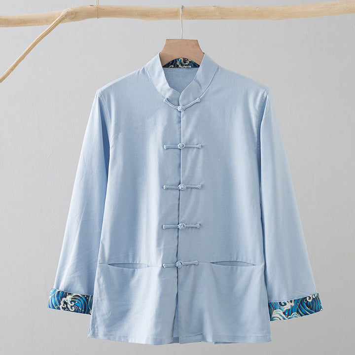 Camisa de lino y algodón para hombre, de manga larga, con botones de rana y bordado de ondas sólidas y Buddha Stones - Azul claro - US/UK/AU44, EU54 (4XL) - image 15