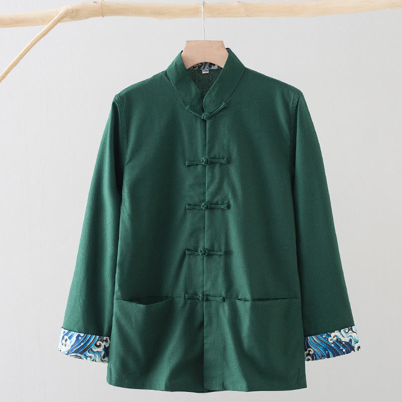 Camisa de lino y algodón para hombre, de manga larga, con botones de rana y bordado de ondas sólidas y Buddha Stones - Verdemar - US/UK/AU44, EU54 (4XL) - image 9