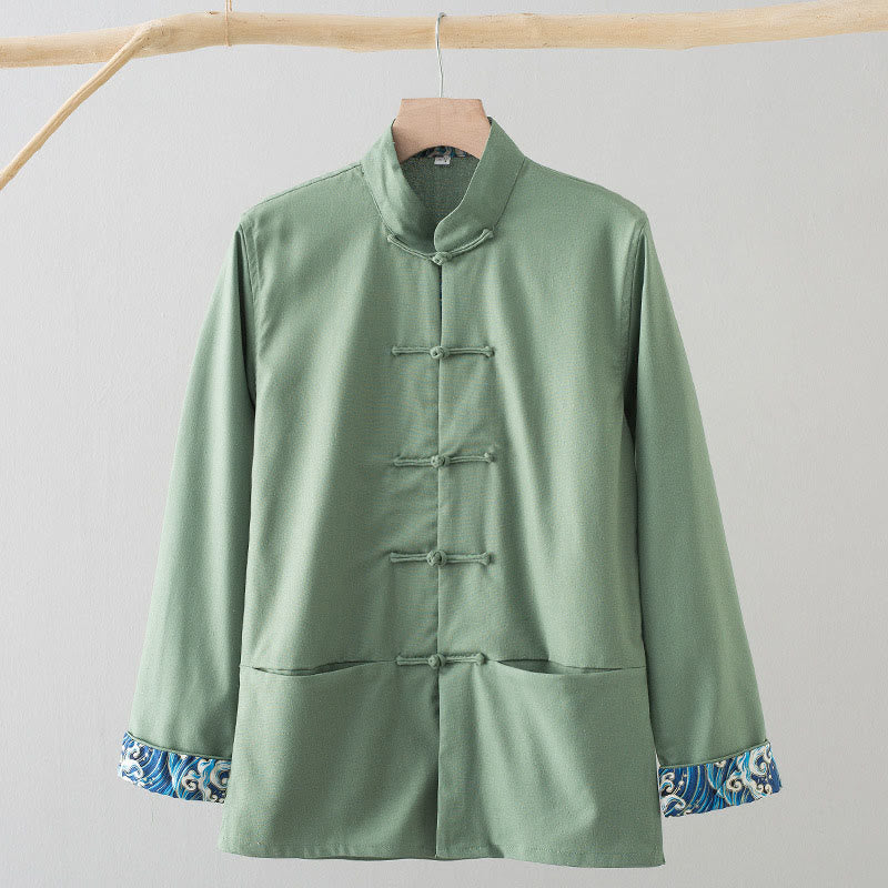 Camisa de lino y algodón para hombre, de manga larga, con botones de rana y bordado de ondas sólidas y Buddha Stones - Verde claro - US/UK/AU44, EU54 (4XL) - image 0