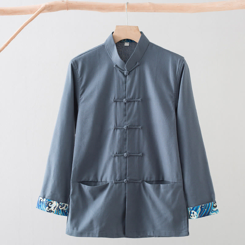 Camisa de lino y algodón para hombre, de manga larga, con botones de rana y bordado de ondas sólidas y Buddha Stones - Gris pizarra - US/UK/AU44, EU54 (4XL) - image 13
