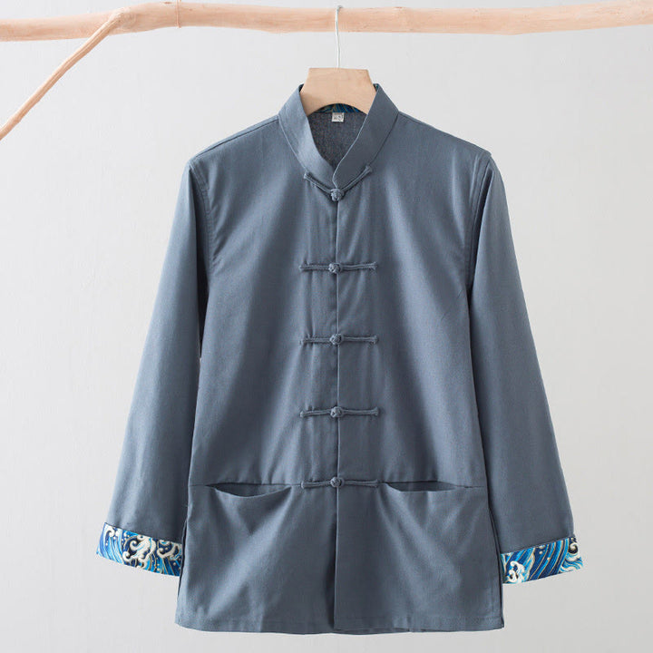 Camisa de lino y algodón para hombre, de manga larga, con botones de rana y bordado de ondas sólidas y Buddha Stones - Gris pizarra - US/UK/AU44, EU54 (4XL) - image 13