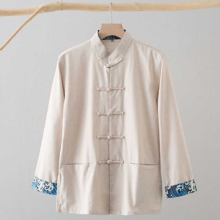 Camisa de lino y algodón para hombre, de manga larga, con botones de rana y bordado de ondas sólidas y Buddha Stones - Beige - US/UK/AU44, EU54 (4XL) - image 14