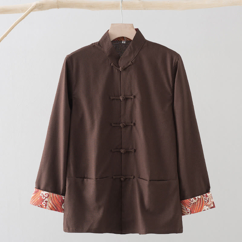 Camisa de lino y algodón para hombre, de manga larga, con botones de rana y bordado de ondas sólidas y Buddha Stones - Tierra de siena - US/UK/AU44, EU54 (4XL) - image 11