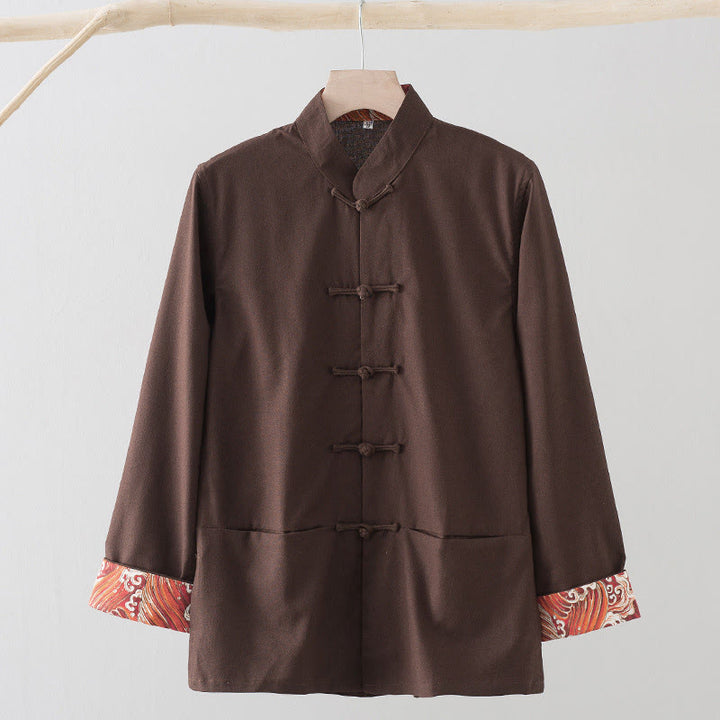 Camisa de lino y algodón para hombre, de manga larga, con botones de rana y bordado de ondas sólidas y Buddha Stones - Tierra de siena - US/UK/AU44, EU54 (4XL) - image 11