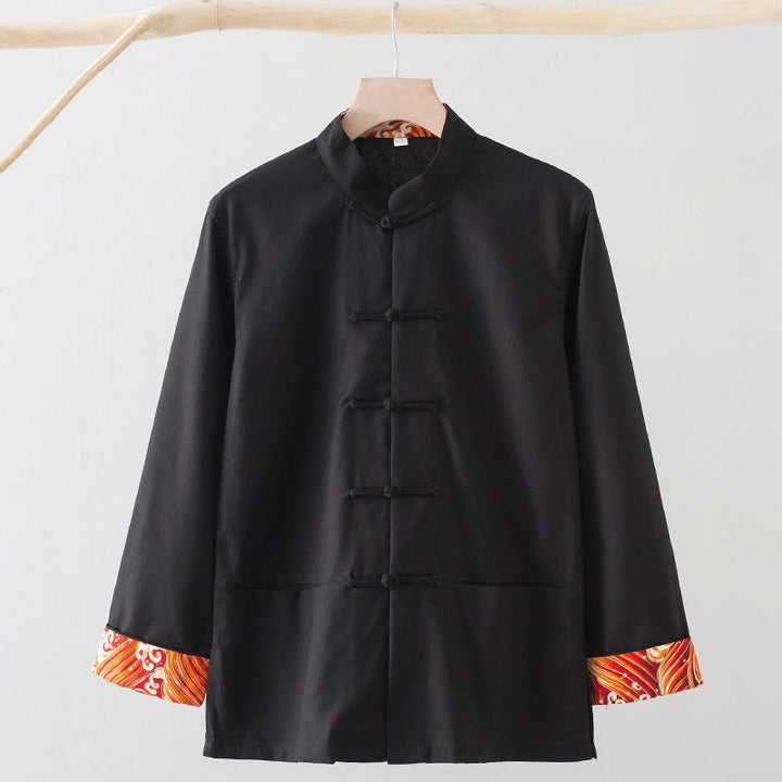 Camisa de lino y algodón para hombre, de manga larga, con botones de rana y bordado de ondas sólidas y Buddha Stones - Negro - US/UK/AU44, EU54 (4XL) - image 10