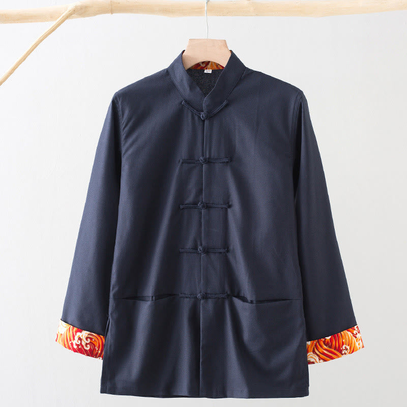 Camisa de lino y algodón para hombre, de manga larga, con botones de rana y bordado de ondas sólidas y Buddha Stones - Azul acero - US/UK/AU44, EU54 (4XL) - image 12