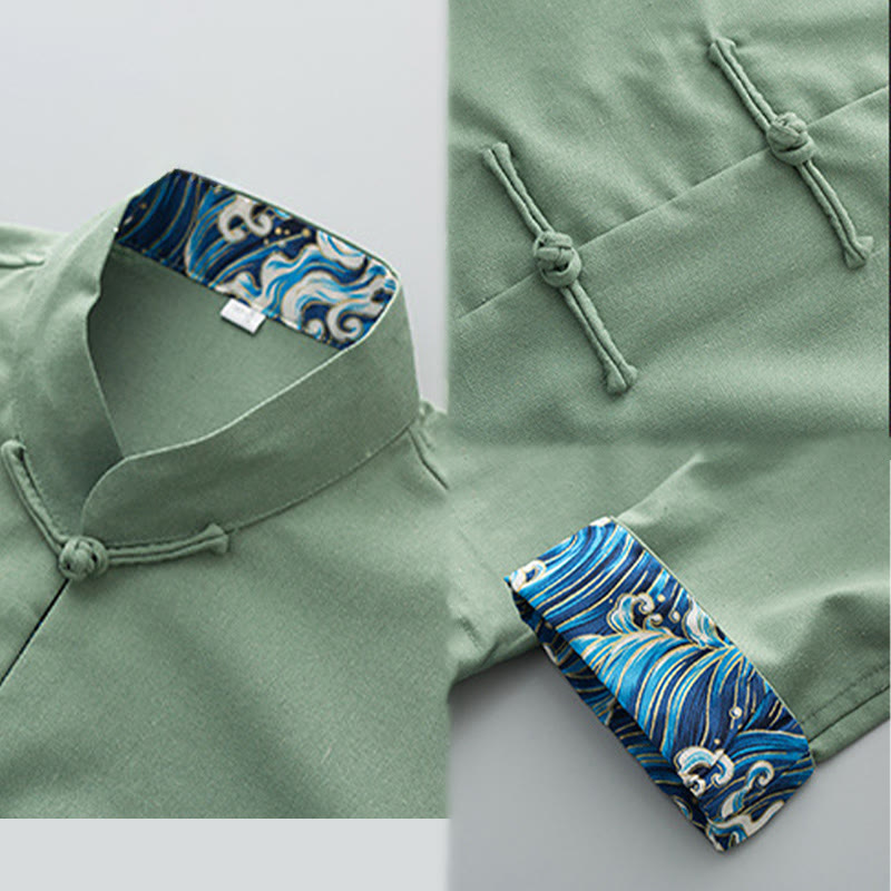 Camisa de lino y algodón para hombre, de manga larga, con botones de rana y bordado de ondas sólidas y Buddha Stones - image 7