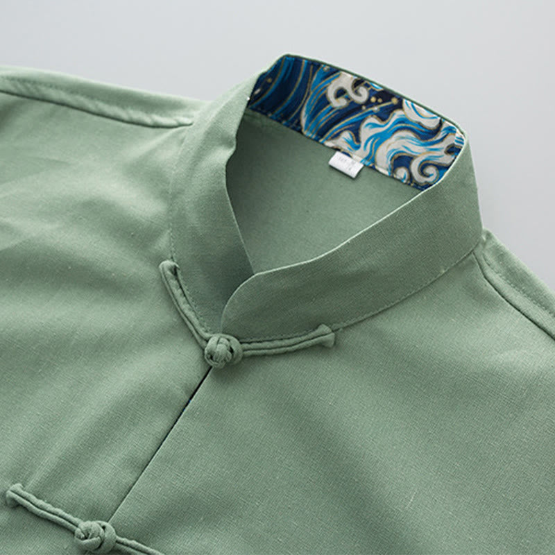 Camisa de lino y algodón para hombre, de manga larga, con botones de rana y bordado de ondas sólidas y Buddha Stones - image 1