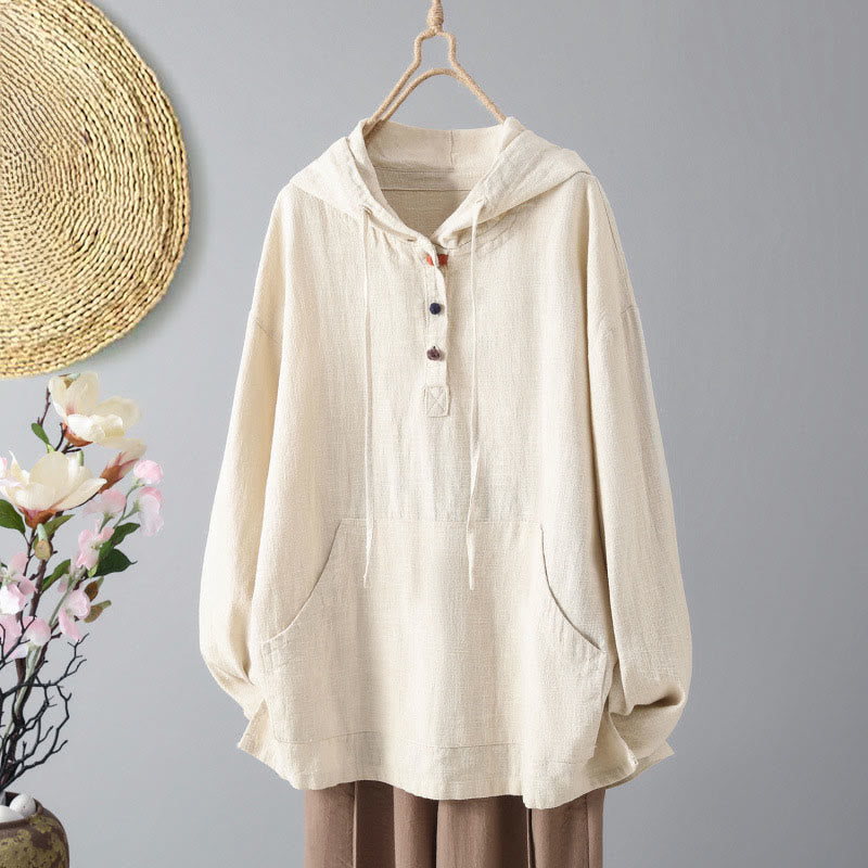 Sudadera con capucha de algodón de manga larga con botones lisos y bolsillos para mujer de Buddha Stones - Beige - US12, UK/AU16, EU44 (2XL) - image 0