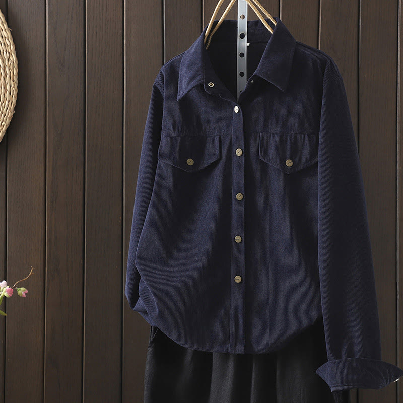 Camisa de manga larga para mujer de pana de algodón con botones lisos Buddha Stones Commute - Azul medianoche - US8-10，UK/AU12-14，EU40-42 (2XL) - image 0
