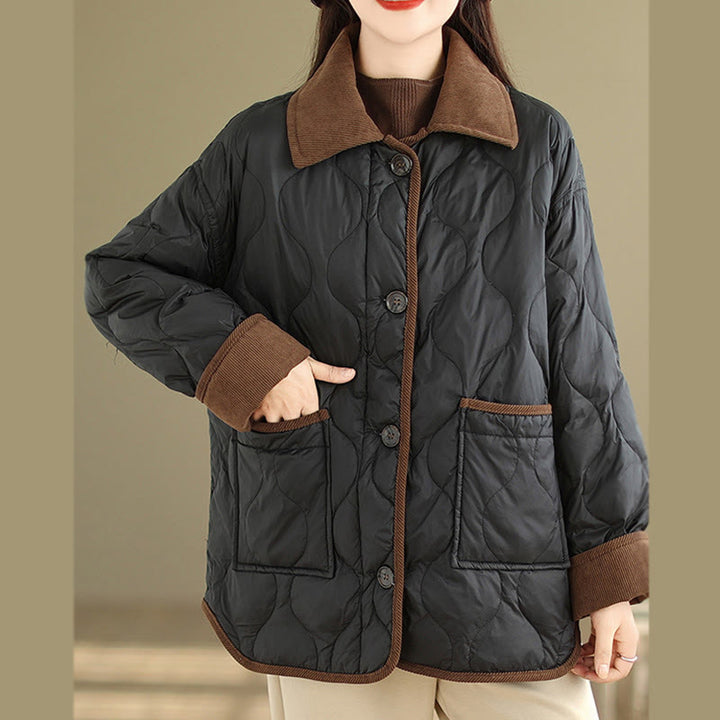 Chaqueta de algodón de manga larga para mujer con solapas de colores contrastantes y bolsillos con Buddha Stones - image 9