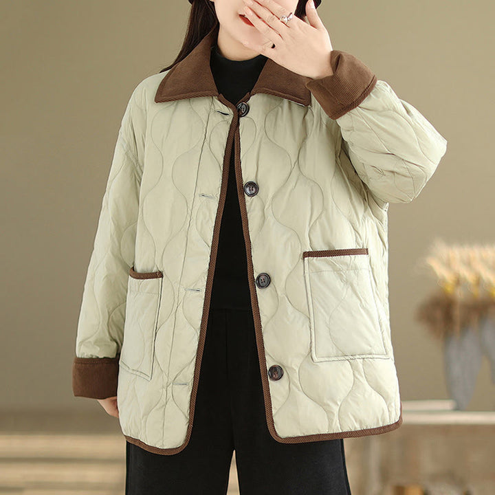 Chaqueta de algodón de manga larga para mujer con solapas de colores contrastantes y bolsillos con Buddha Stones - image 14