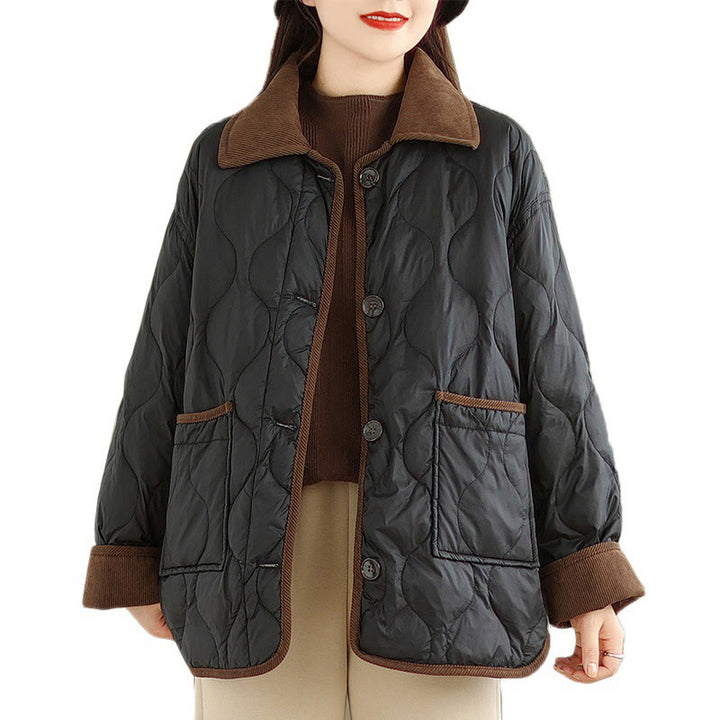 Chaqueta de algodón de manga larga para mujer con solapas de colores contrastantes y bolsillos con Buddha Stones - image 12