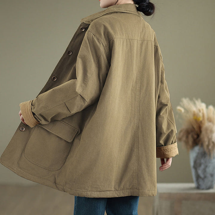 Chaqueta acolchada de algodón de manga larga para mujer con diseño de Buddha Stones y botones de solapa lisos con bolsillos - image 17