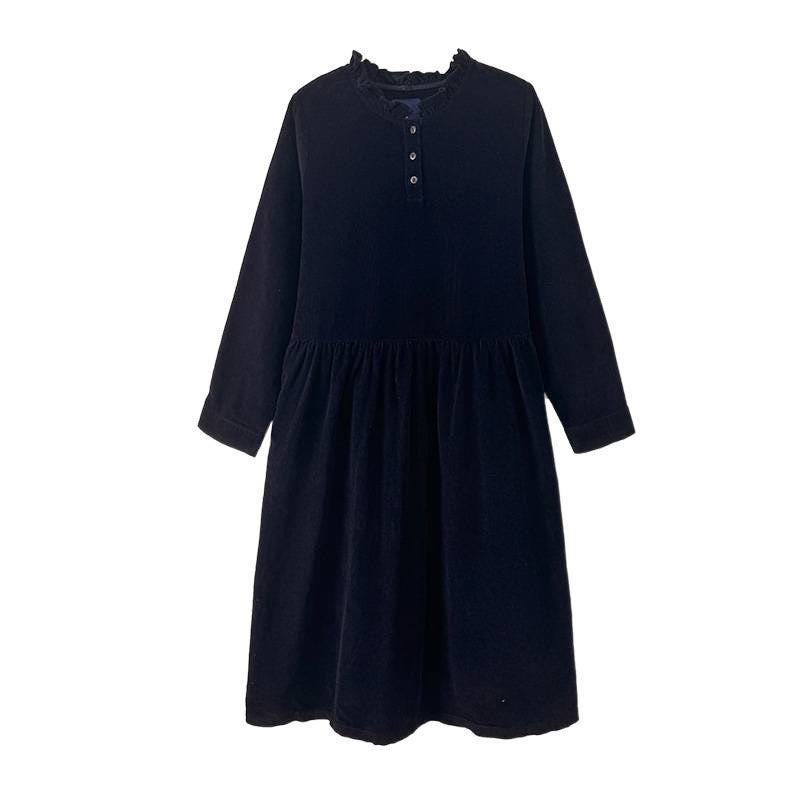 Vestido midi de pana de algodón, manga larga, cuello redondo, volantes y bolsillos con diseño de Buddha Stones , con cordones - image 12