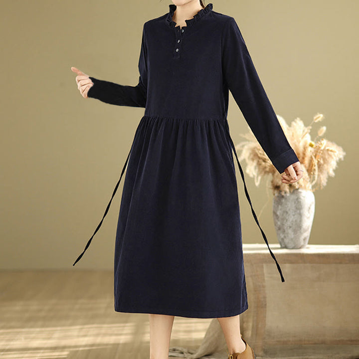 Vestido midi de pana de algodón, manga larga, cuello redondo, volantes y bolsillos con diseño de Buddha Stones , con cordones - Azul medianoche - US12, UK/AU16, EU44 (2XL) - image 0