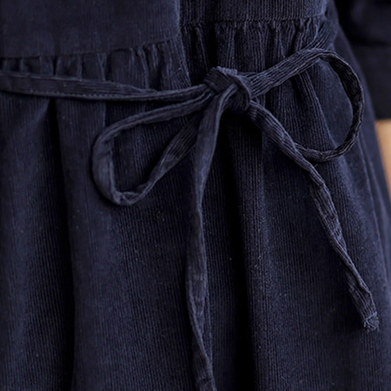 Vestido midi de pana de algodón, manga larga, cuello redondo, volantes y bolsillos con diseño de Buddha Stones , con cordones - image 9