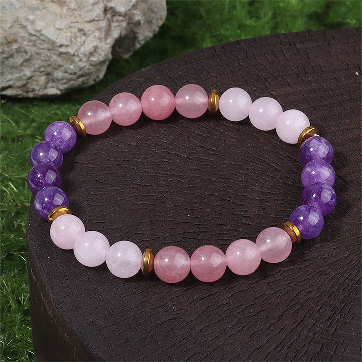 Pulsera de amor y paz con cuentas de cristal rosa, cuarzo fresa y amatista de Buddha Stones - Amatista, cuarzo fresa y cristal rosa (circunferencia de la muñeca: 19-22 cm) - image 0