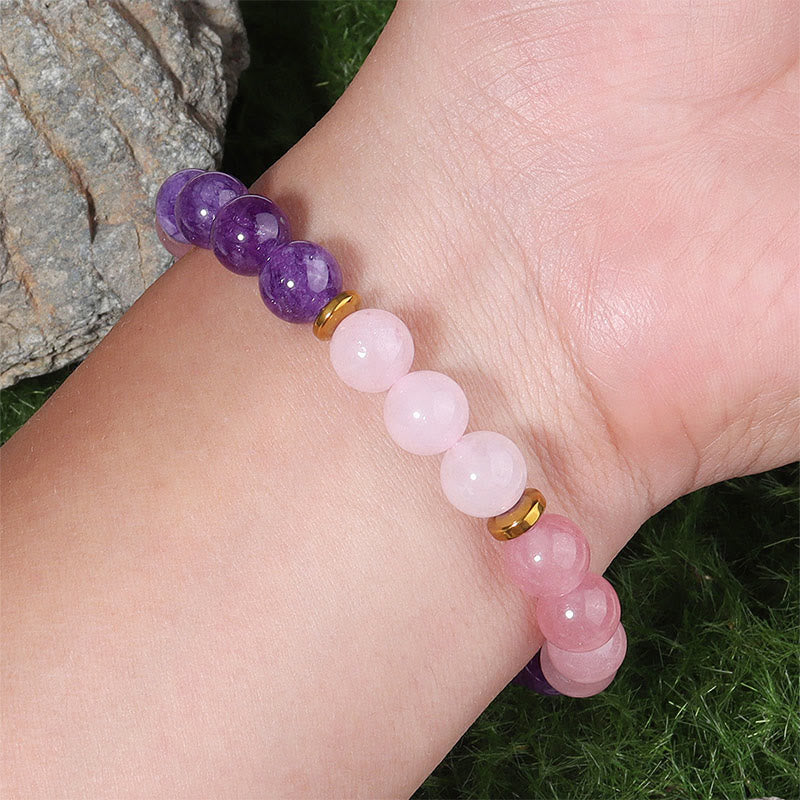 Pulsera de amor y paz con cuentas de cristal rosa, cuarzo fresa y amatista de Buddha Stones - image 3