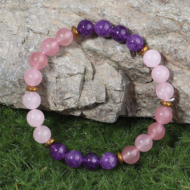 Pulsera de amor y paz con cuentas de cristal rosa, cuarzo fresa y amatista de Buddha Stones - image 1