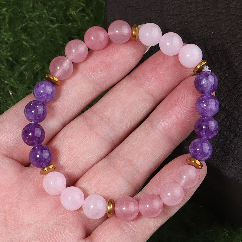 Pulsera de amor y paz con cuentas de cristal rosa, cuarzo fresa y amatista de Buddha Stones - image 2