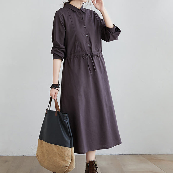 Vestido midi de algodón de manga larga con solapa, bolsillos y diseño de Buddha Stones Fall en color liso con cordones - image 10