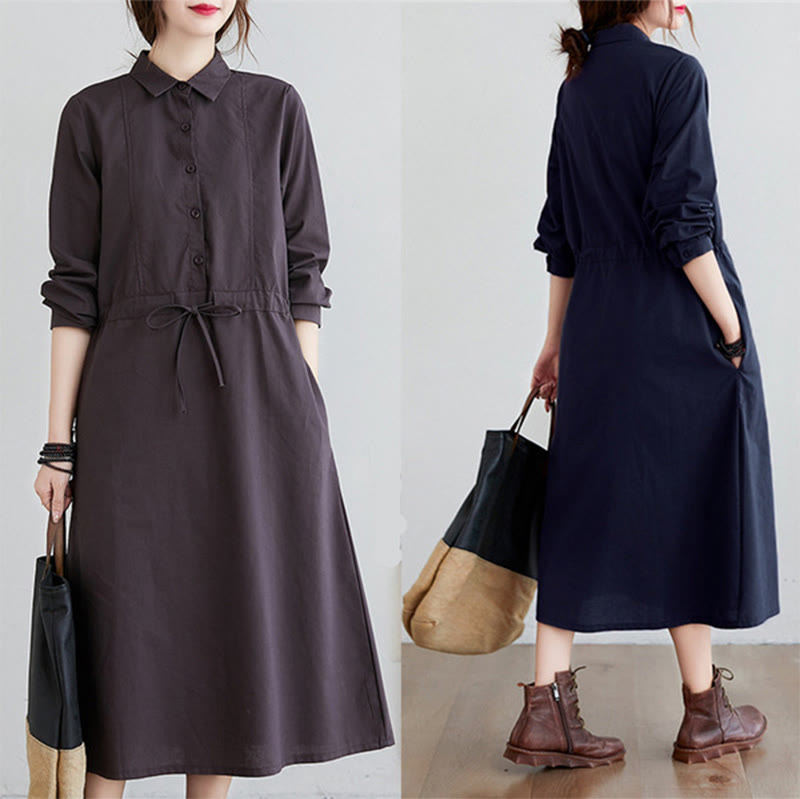 Vestido midi de algodón de manga larga con solapa, bolsillos y diseño de Buddha Stones Fall en color liso con cordones - image 19