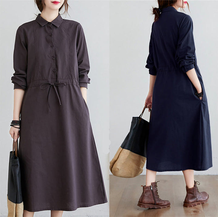 Vestido midi de algodón de manga larga con solapa, bolsillos y diseño de Buddha Stones Fall en color liso con cordones - image 19