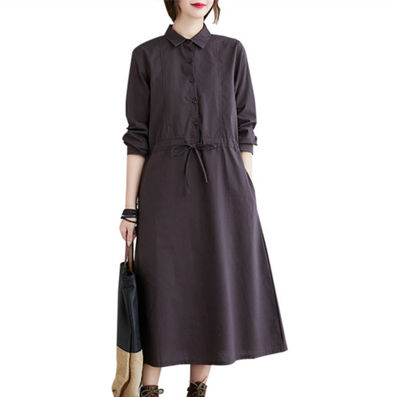 Vestido midi de algodón de manga larga con solapa, bolsillos y diseño de Buddha Stones Fall en color liso con cordones - image 18