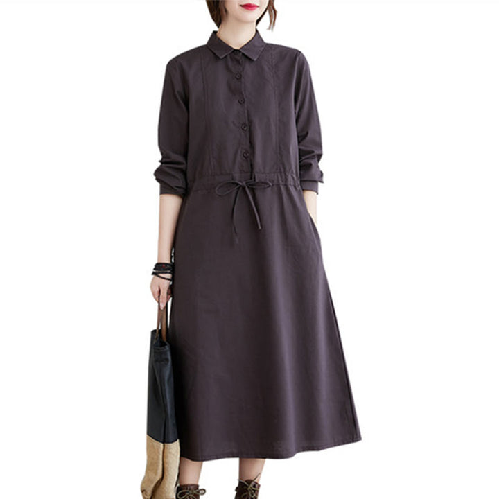 Vestido midi de algodón de manga larga con solapa, bolsillos y diseño de Buddha Stones Fall en color liso con cordones - image 18