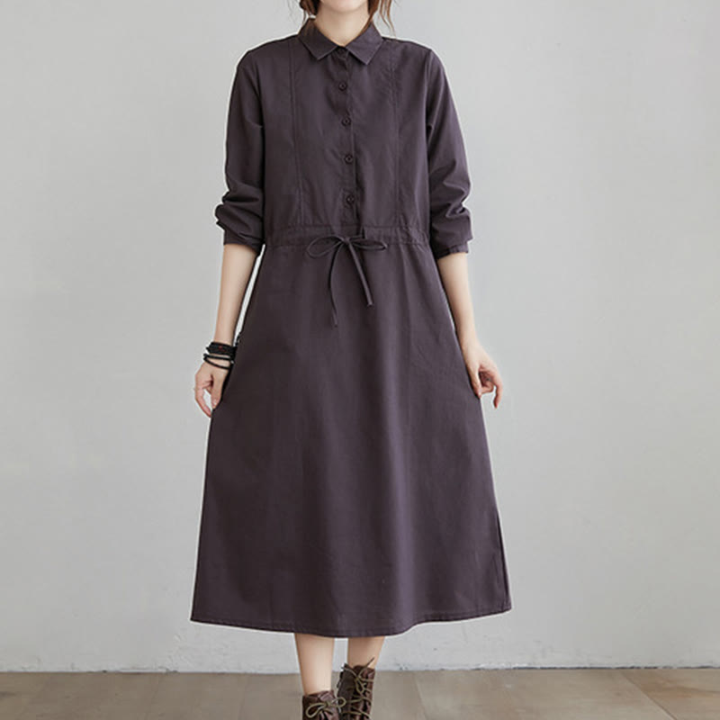 Vestido midi de algodón de manga larga con solapa, bolsillos y diseño de Buddha Stones Fall en color liso con cordones - RosyBrown - US8-10，UK/AU12-14，EU40-42 (2XL) - image 5