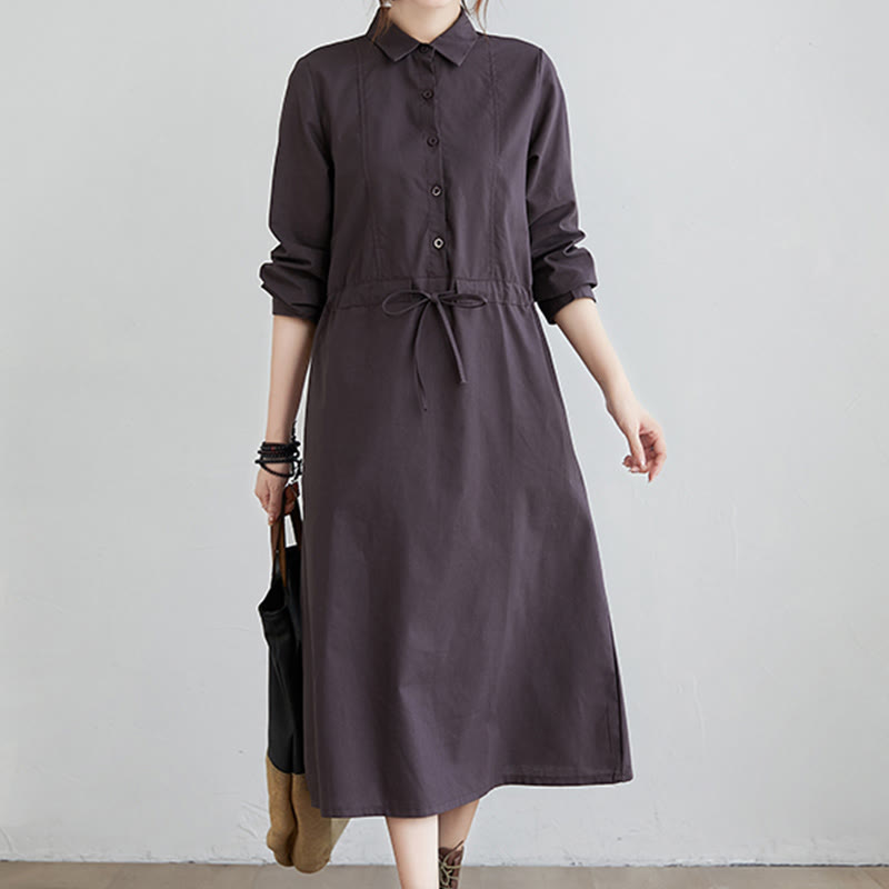 Vestido midi de algodón de manga larga con solapa, bolsillos y diseño de Buddha Stones Fall en color liso con cordones - image 7