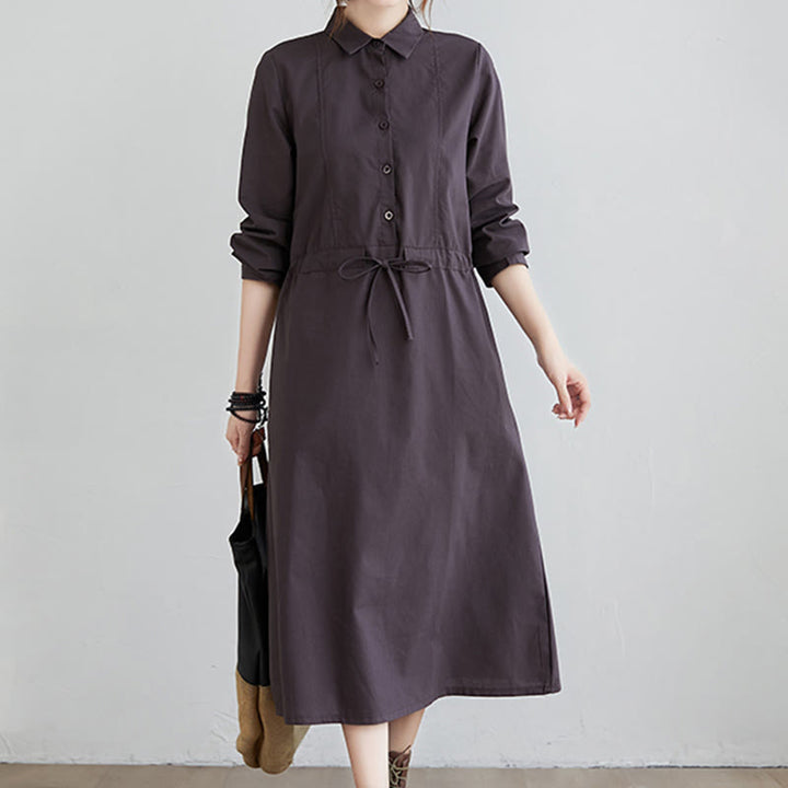 Vestido midi de algodón de manga larga con solapa, bolsillos y diseño de Buddha Stones Fall en color liso con cordones - image 7