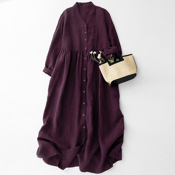 Vestido midi de algodón con mangas largas y cuello en V y botones en color magenta oscuro con estampado de Buddha Stones Fall - Magenta oscuro - US14，UK/AU18，EU46 (2XL) - image 0