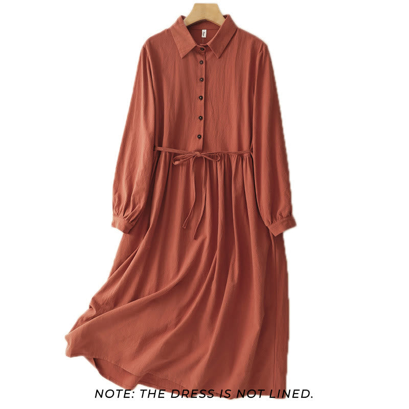 Vestido midi de algodón de manga larga con bolsillos, solapas con botones y cordones, con estampado de Buddha Stones - image 1