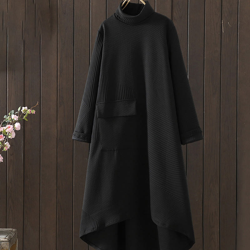 Vestido midi de algodón con cuello alto, manga larga y bolsillo, diseño irregular en color puro con Buddha Stones - Negro - US8-10，UK/AU12-14，EU40-42 (2XL) - image 0