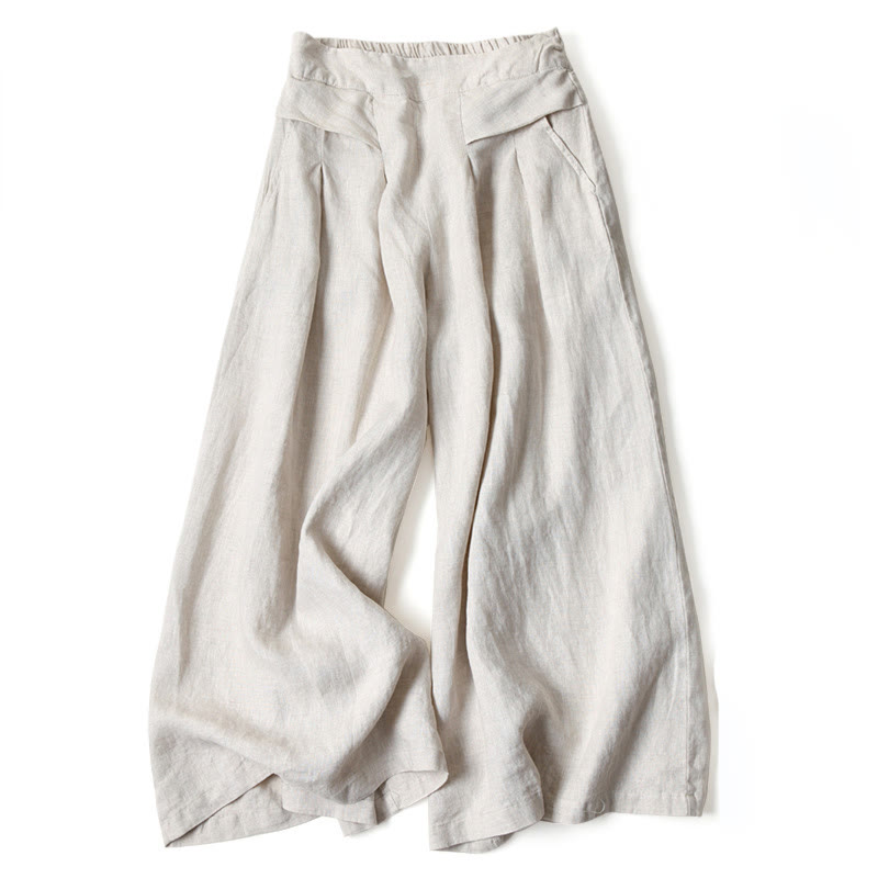 Pantalones de lino y algodón de color liso con cintura alta y pierna ancha y bolsillos con Buddha Stones - Beige - US16，UK/AU20，EU48 (3XL) - image 10