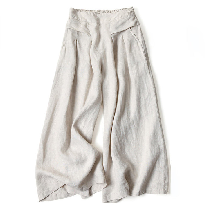 Pantalones de lino y algodón de color liso con cintura alta y pierna ancha y bolsillos con Buddha Stones - Beige - US16，UK/AU20，EU48 (3XL) - image 10