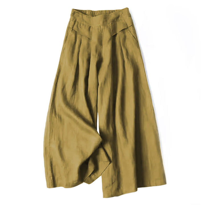 Pantalones de lino y algodón de color liso con cintura alta y pierna ancha y bolsillos con Buddha Stones - Caqui oscuro - US16，UK/AU20，EU48 (3XL) - image 9