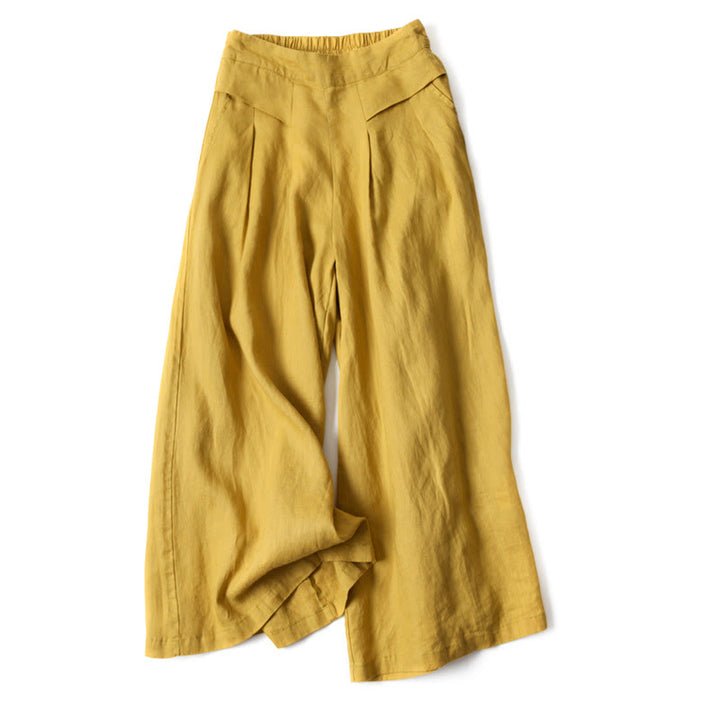 Pantalones de lino y algodón de color liso con cintura alta y pierna ancha y bolsillos con Buddha Stones - Amarillo - US16，UK/AU20，EU48 (3XL) - image 0
