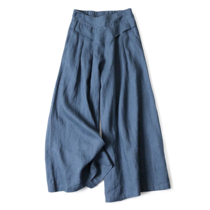 Pantalones de lino y algodón de color liso con cintura alta y pierna ancha y bolsillos con Buddha Stones - Azul acero - US16，UK/AU20，EU48 (3XL) - image 5