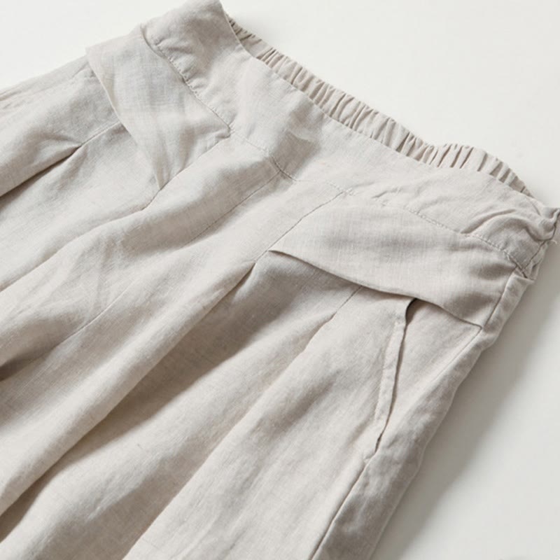 Pantalones de lino y algodón de color liso con cintura alta y pierna ancha y bolsillos con Buddha Stones - image 11
