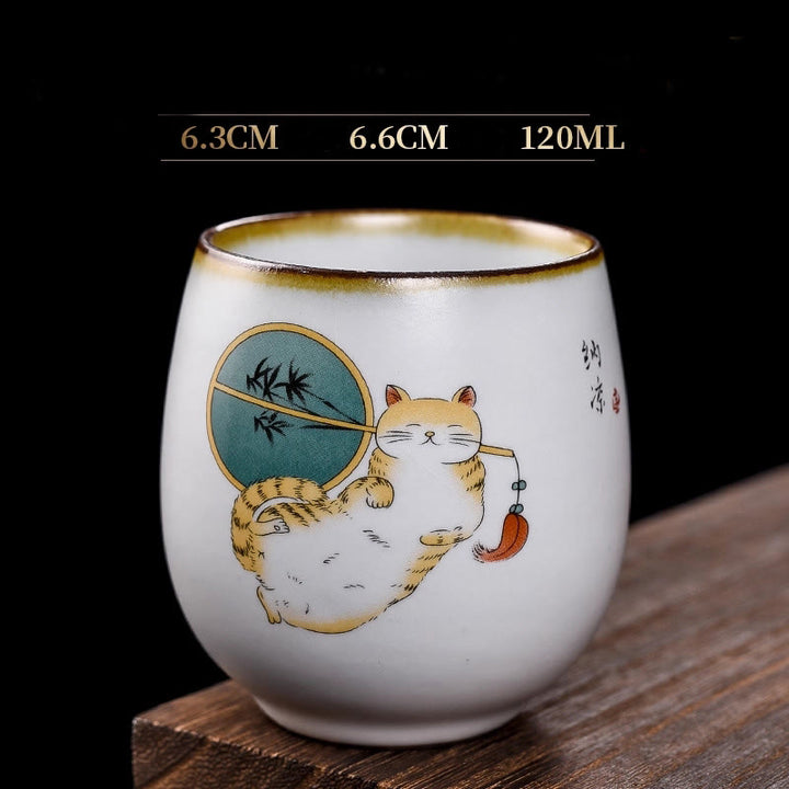 Taza de té de kung fu con diseño de gato acostado y ramas de Buddha Stones con caja de regalo - Gato tumbado y abanico 6,3 cm x 6,6 cm x 120 ml - image 14
