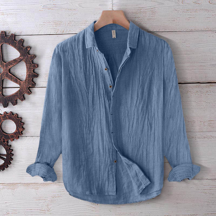 Camisa de lino y algodón con solapa y botones de manga corta para hombre con Buddha Stones - Manga larga - Azul aciano - US/UK/AU50, UE60 (5XL) - image 15