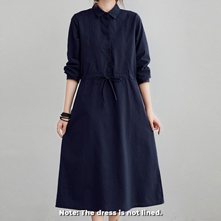 Vestido midi de algodón de manga larga con solapa, bolsillos y diseño de Buddha Stones Fall en color liso con cordones - image 1