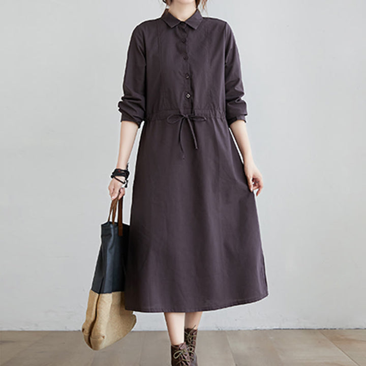 Vestido midi de algodón de manga larga con solapa, bolsillos y diseño de Buddha Stones Fall en color liso con cordones - image 9