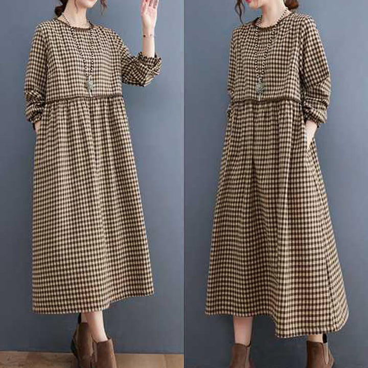 Vestido midi de algodón de manga larga con cuello redondo, volantes y bolsillos, estampado a cuadros otoñales de Buddha Stones - image 5